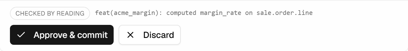 The review bar: the evidence badge reading "checked by reading", the commit message, and the Approve & commit and Discard buttons.