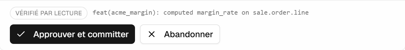 La barre de revue : le badge de preuve indiquant « vérifié par lecture », le message de commit, et les boutons Approuver et committer et Abandonner.