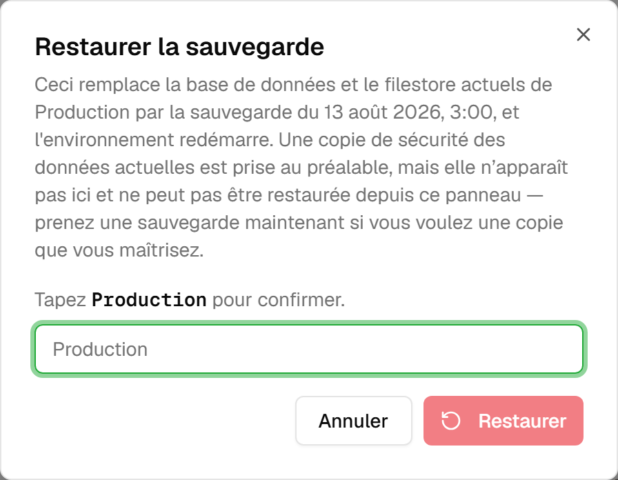 La fenêtre de confirmation de restauration : elle nomme l'environnement et la date de la sauvegarde, demande de saisir le nom de l'environnement, et son bouton Restaurer reste inerte tant que ce n'est pas fait.