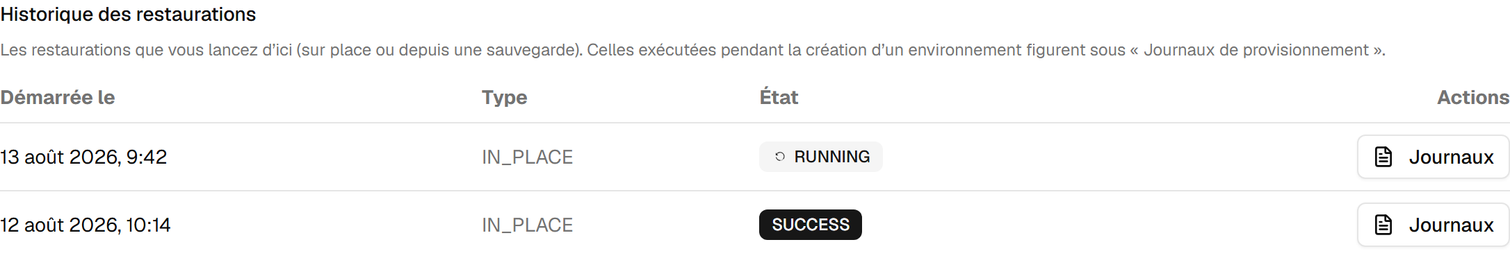 L'historique des restaurations : une restauration encore en cours et une terminée avec succès, chacune avec son bouton Journaux.