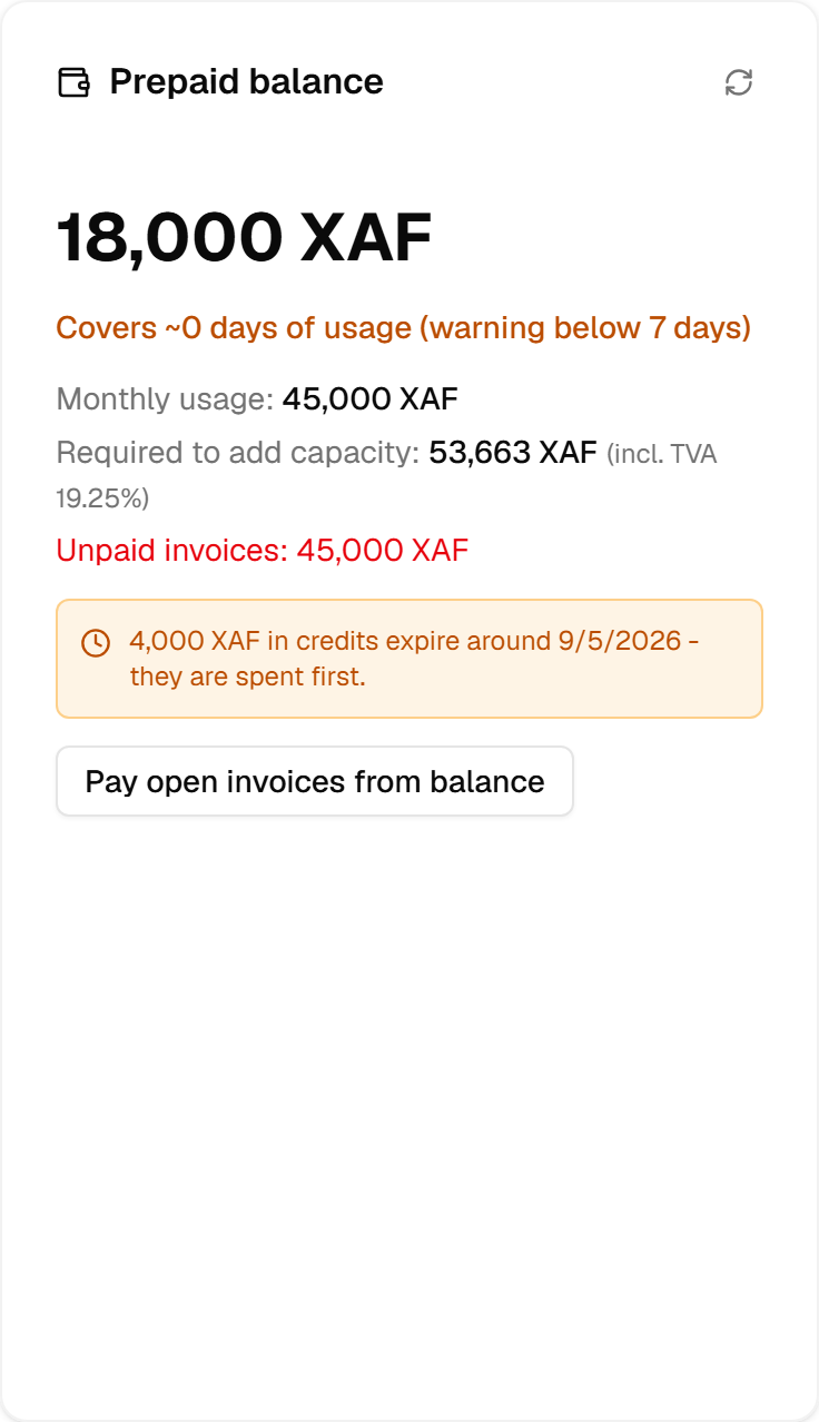 The invoice list: three invoices with their number, period and amount, one OPEN and two PAID.
