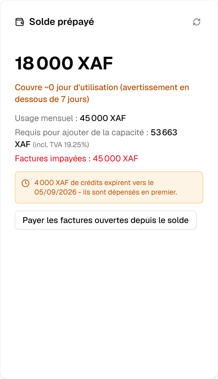 La liste des factures : trois factures avec leur numéro, leur période et leur montant, une OPEN et deux PAID.