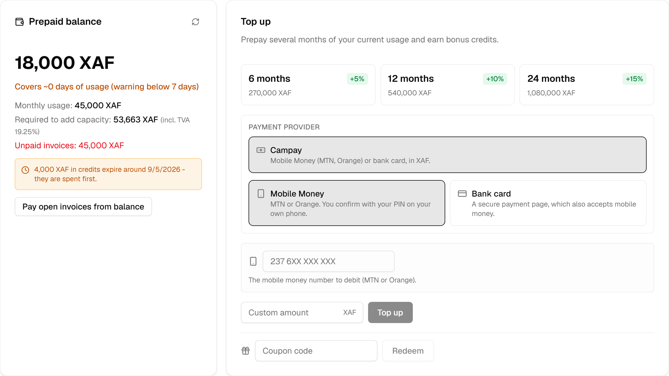The prepaid balance card showing 18 000 XAF, "covers ~0 days of usage", monthly usage, the amount required to add capacity including tax, unpaid invoices in red, and a note about credits expiring; beside it the top-up card with its 6, 12 and 24 month prepay tiers.