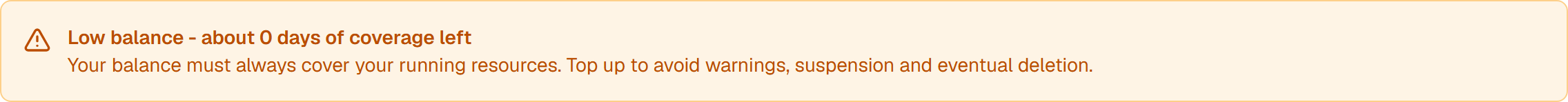 The low-balance banner: "Low balance - about 0 days of coverage left", with the reminder that the balance must always cover running resources.