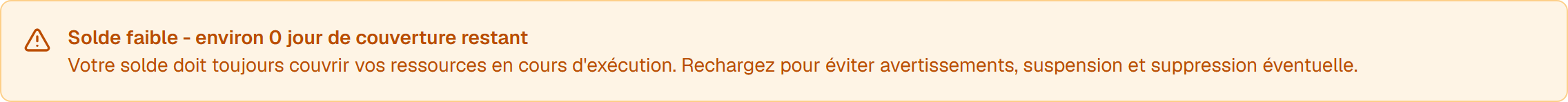 La bannière de solde faible : « Solde faible - environ 0 jour de couverture restant », avec le rappel que le solde doit toujours couvrir les ressources en cours d'exécution.