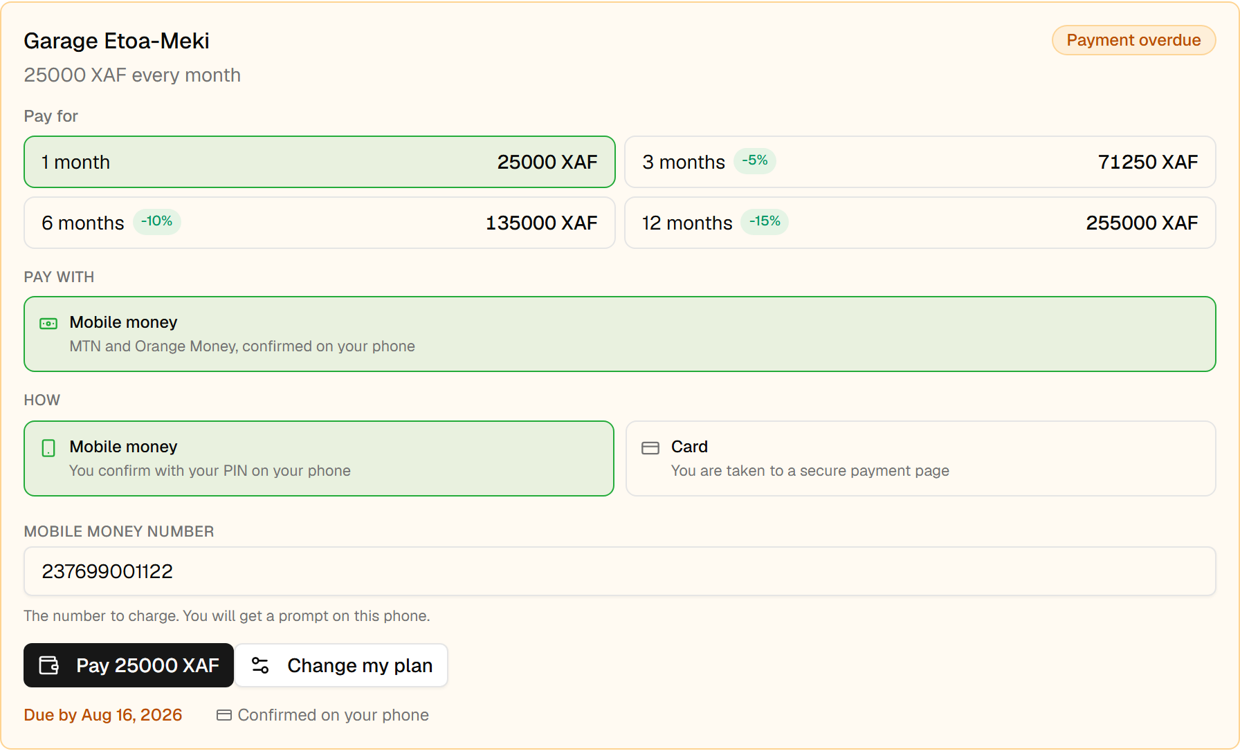 An overdue subscription: the amount and the date it is due by, the durations offered with their discounts, the payment method and the phone number to be debited, and the button that pays.