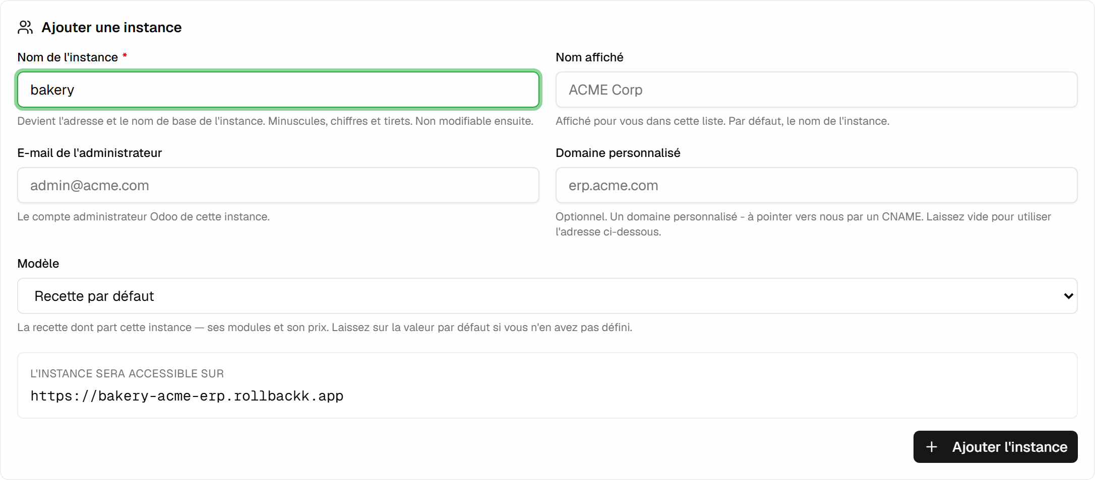 Le formulaire de création : nom d'instance, nom affiché, e-mail de l'administrateur, domaine personnalisé facultatif, et modèle de départ.
