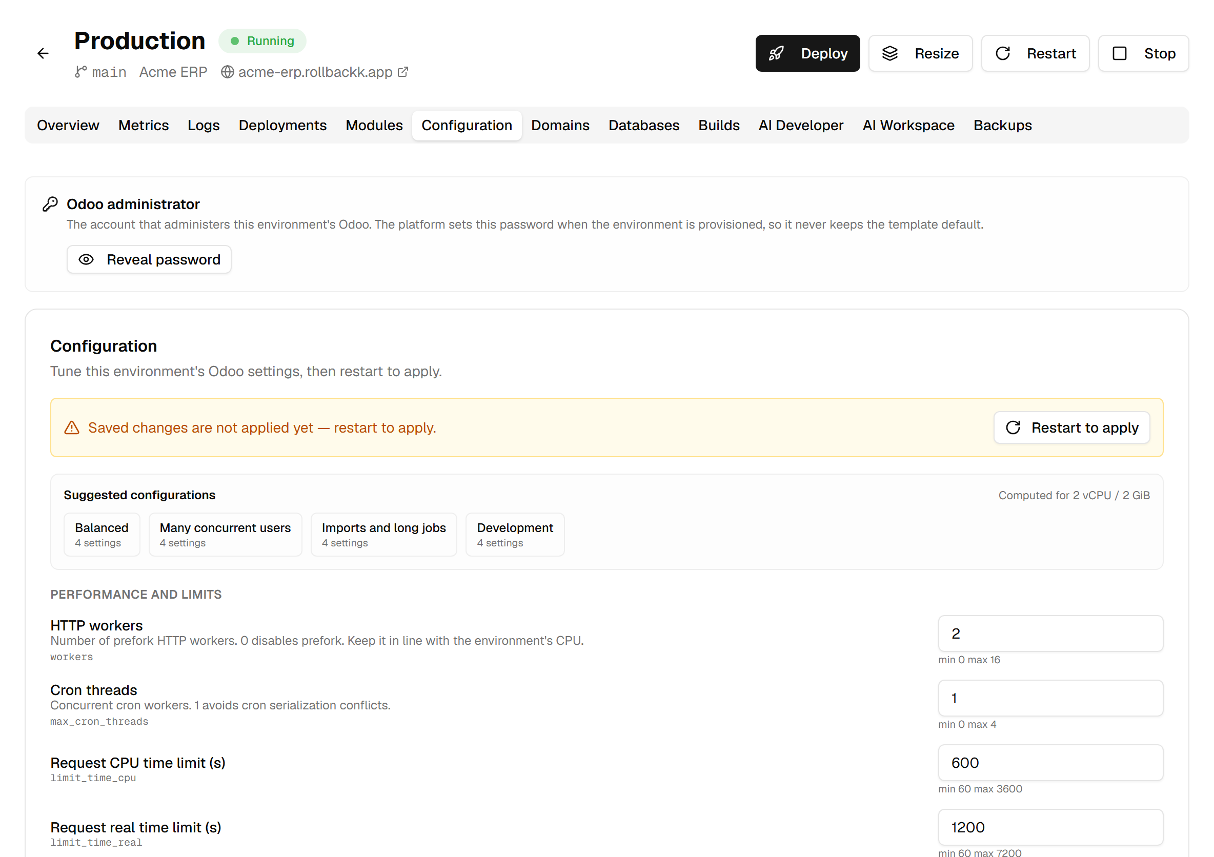 The Configuration tab: the restart banner, the suggested configurations, and the Performance and limits section with HTTP workers and Cron threads, each showing its key and its bounds.