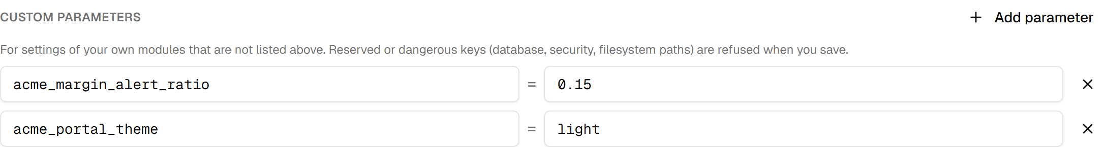 The custom parameters block: two rows, acme_margin_alert_ratio = 0.15 and acme_portal_theme = light, above an explanation that reserved or dangerous keys are refused on save.