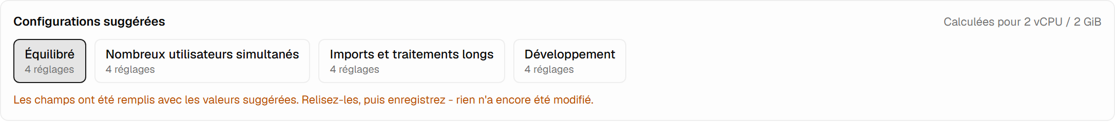 Les quatre configurations suggérées - Équilibré, Nombreux utilisateurs simultanés, Imports et traitements longs, Développement - calculées pour 2 vCPU / 2 GiB, avec Équilibré sélectionné et une note indiquant que les champs ont été remplis mais que rien n'a encore été modifié.