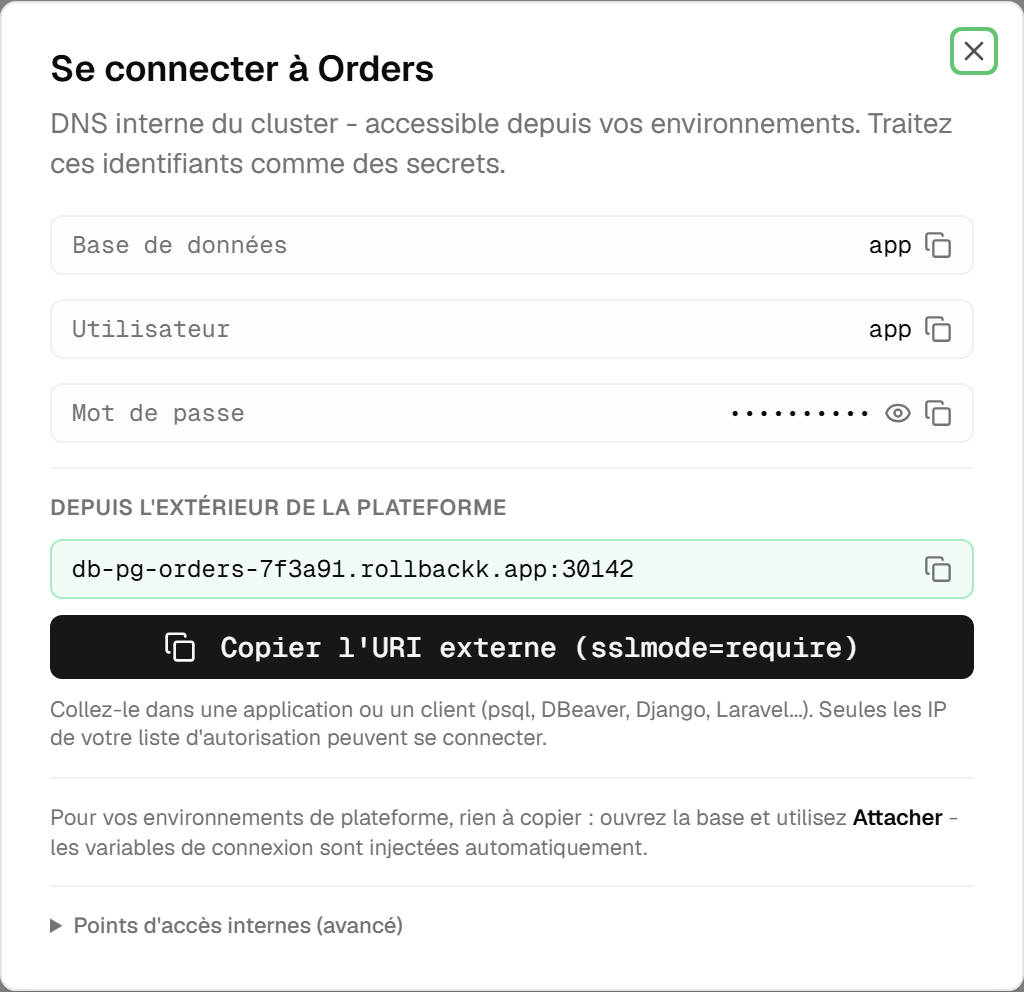 La fenêtre de connexion : le nom de la base et l'utilisateur en lignes copiables, le mot de passe masqué derrière un œil, l'adresse externe, et une section repliée pour les points d'accès internes.