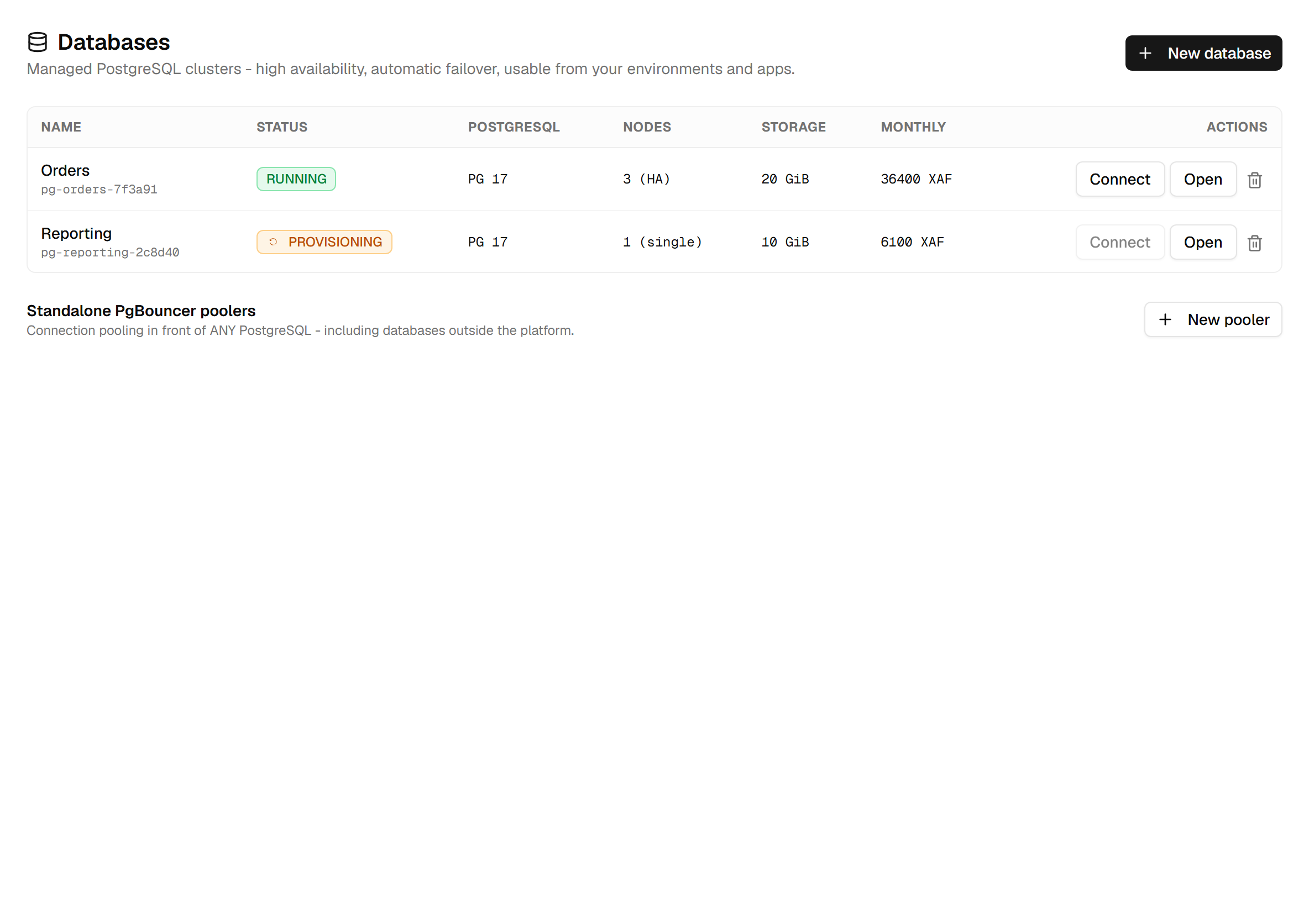 The Databases list: two clusters, one running with three nodes and one still provisioning, each with its PostgreSQL version, storage and monthly price.