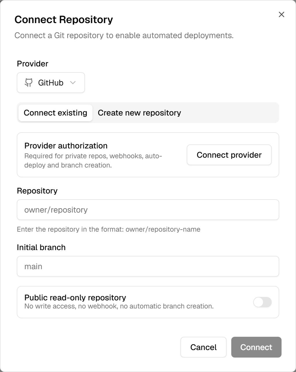 The connect dialog: provider picker, "Connect an existing repository" and "Create a repository" tabs, a Provider Authorization panel, repository and initial branch fields, and a public read-only switch.