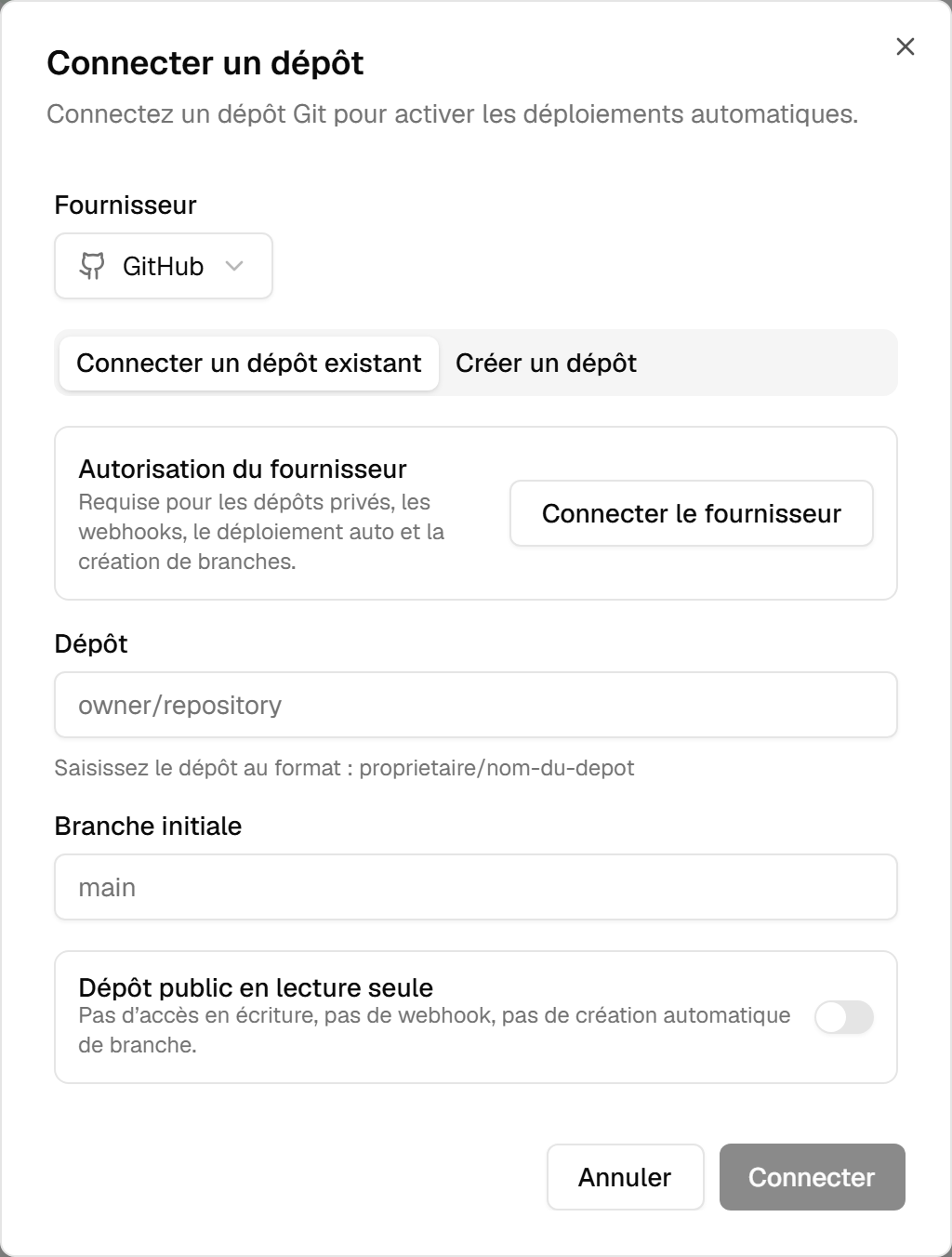 Le dialogue de connexion : choix du fournisseur, onglets « Connecter un dépôt existant » et « Créer un dépôt », encadré « Autorisation du fournisseur », champs dépôt et branche initiale, et l'interrupteur « Dépôt public en lecture seule ».