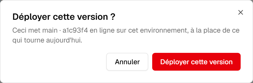 La confirmation avant redéploiement : « Déployer cette version ? », suivi de « Ceci met main · a1c93f4 en ligne sur cet environnement, à la place de ce qui tourne aujourd'hui », avec les boutons Annuler et Déployer cette version.