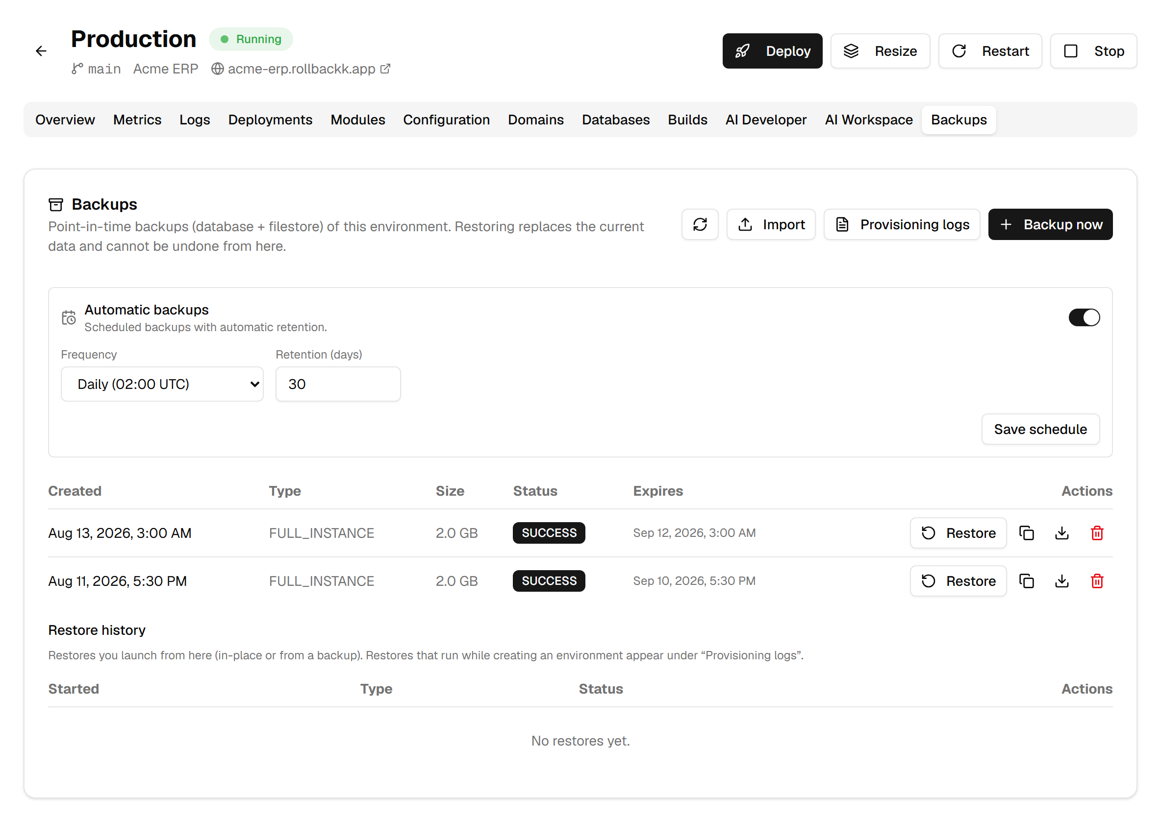 The backups list: two successful backups with their size and expiry, the automatic schedule above, and on each row a Restore button followed by copy, download and delete icons.