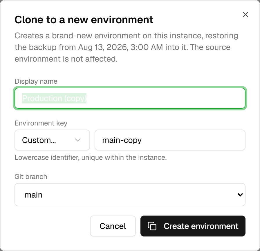 The clone dialog: display name pre-filled as "Production (copy)", environment key "main-copy", Git branch "main", and the Create environment button.