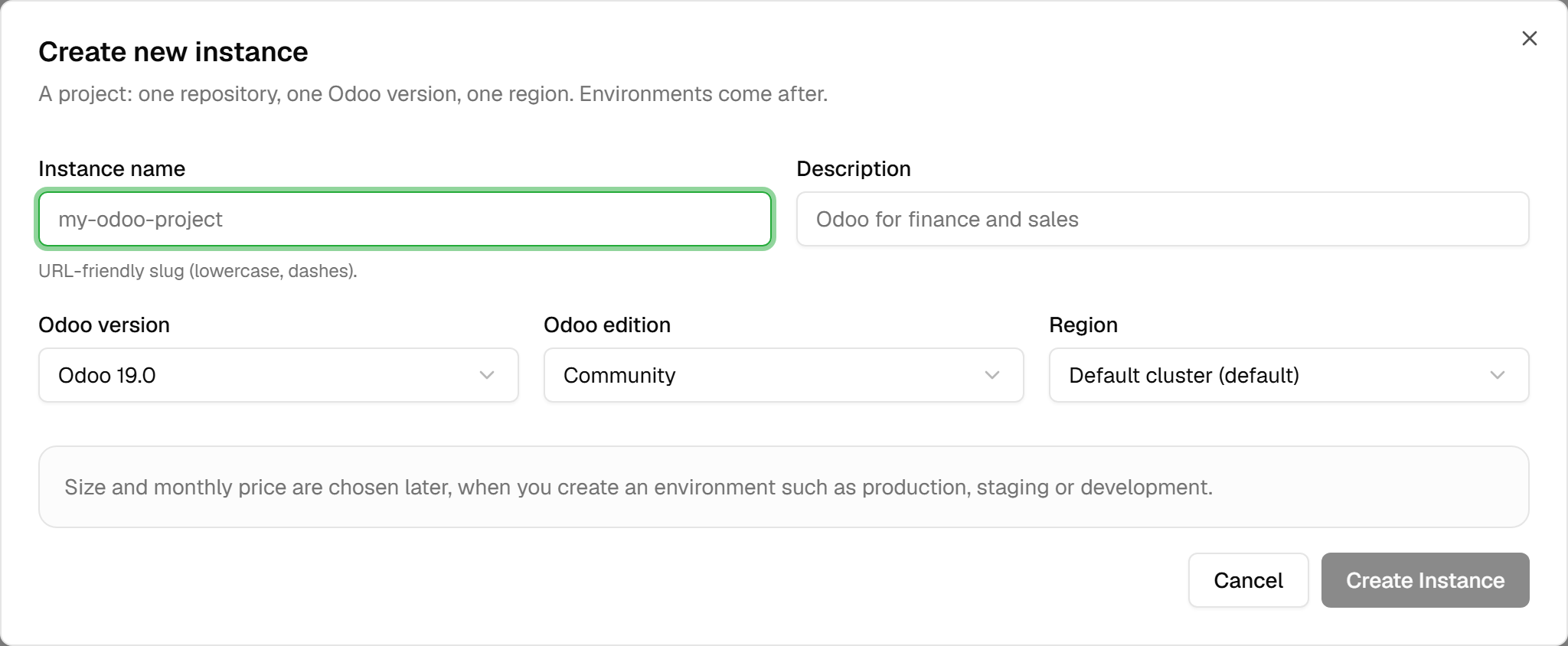 The create-instance dialog: a name and a description, then Odoo version, edition and region on one row, above a note saying size and price are chosen later.