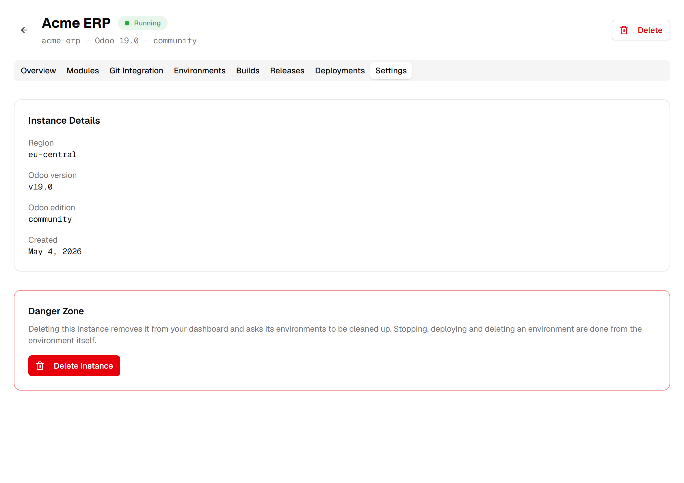 The instance settings tab: region, Odoo version, Odoo edition and creation date, above a danger zone with the delete button.