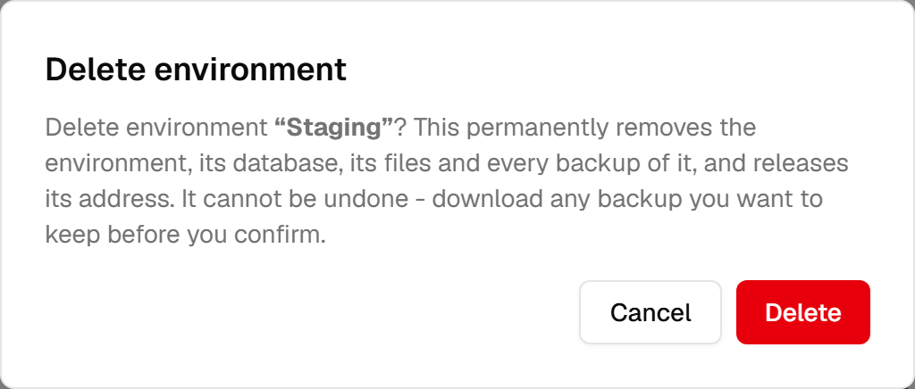 The delete confirmation: "Delete environment Staging? This permanently removes the environment, its database, its files and every backup of it, and releases its address. It cannot be undone - download any backup you want to keep before you confirm."
