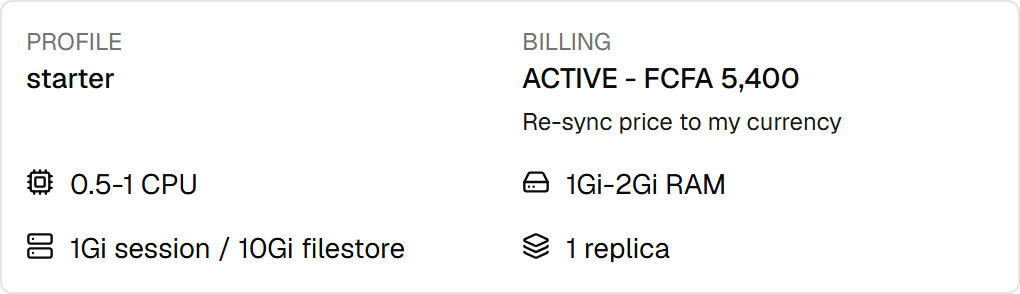 The billing block of a stopped environment: profile "starter", status ACTIVE, and the reduced monthly price, beside its CPU, memory, storage and replica figures.