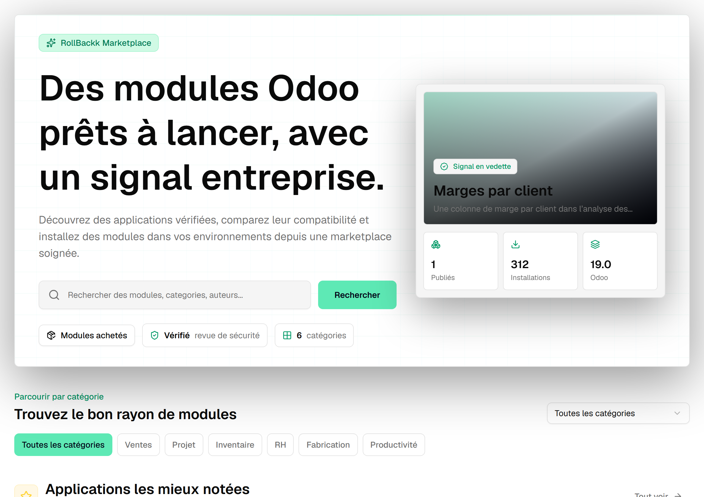 Le catalogue de la marketplace avec une fiche de module : son nom, son nom technique, son auteur, sa note et son nombre d'installations.