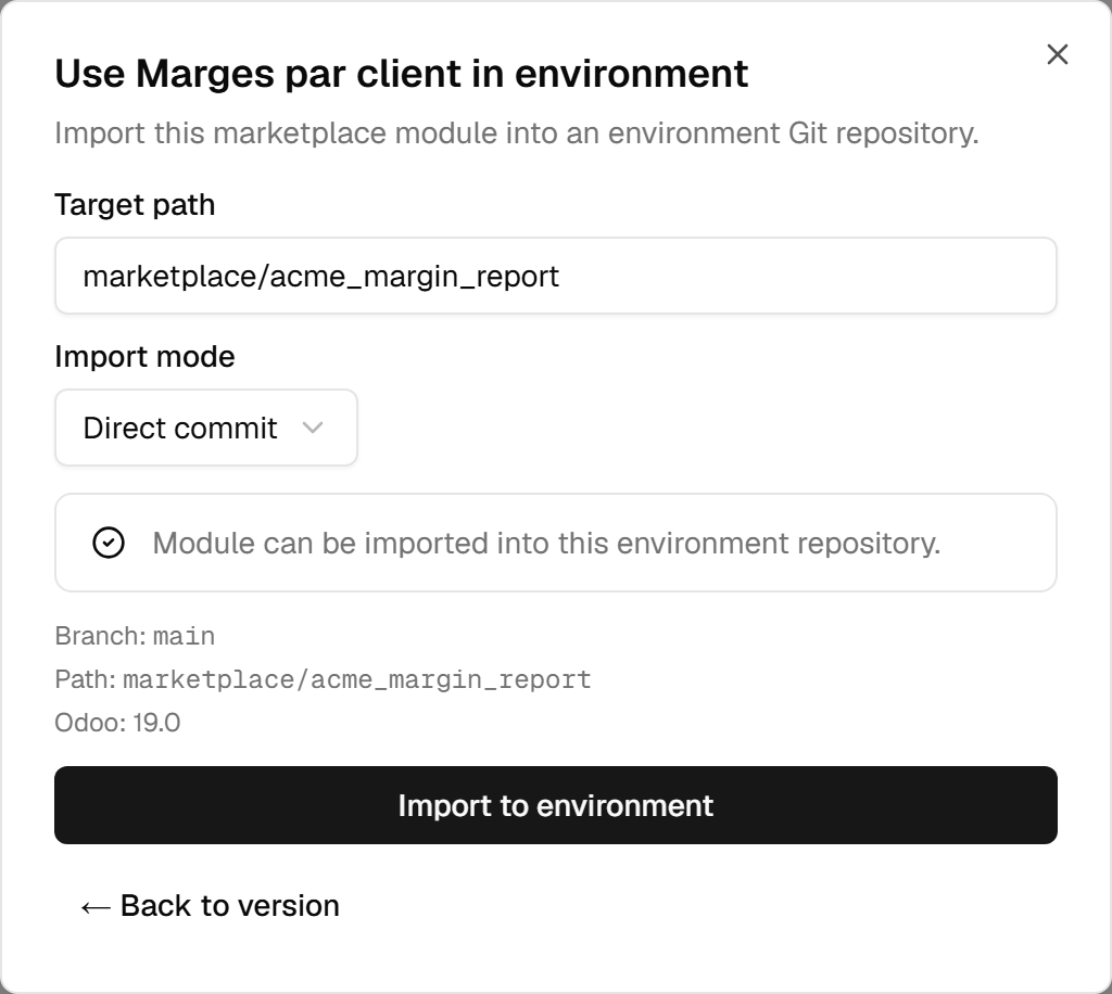 The import preview: the branch main, the target path marketplace/acme_margin_report and the Odoo version, above the button that performs the import.