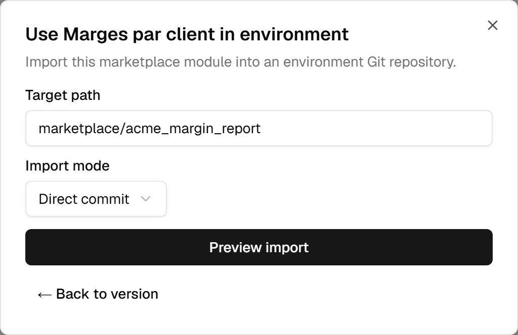 The import wizard: the target path defaulted to marketplace/acme_margin_report, and the import mode set to direct commit.