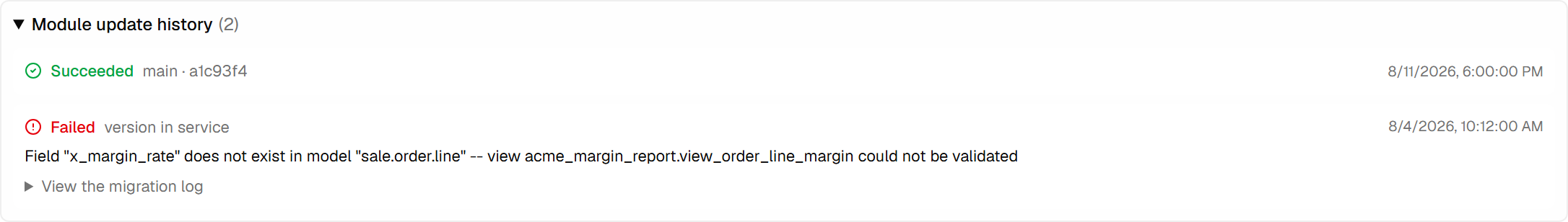 The module update history, expanded: a succeeded run labelled with its branch and commit, and a failed one on the version in service, keeping Odoo's exact error and a link to the migration log.