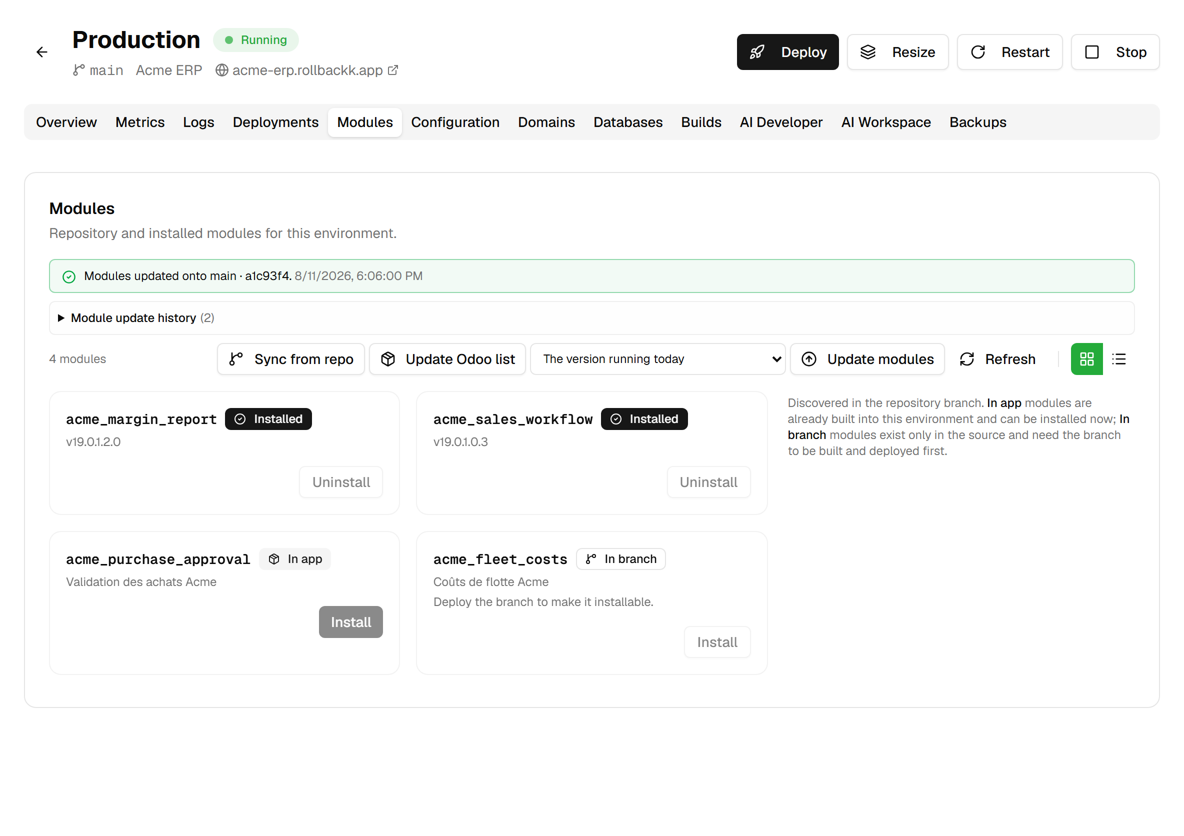The Modules tab: two installed modules with their versions, one module marked "In app" and one marked "In branch", above the toolbar holding Sync from repo, Update Odoo list, the version picker and Update modules.