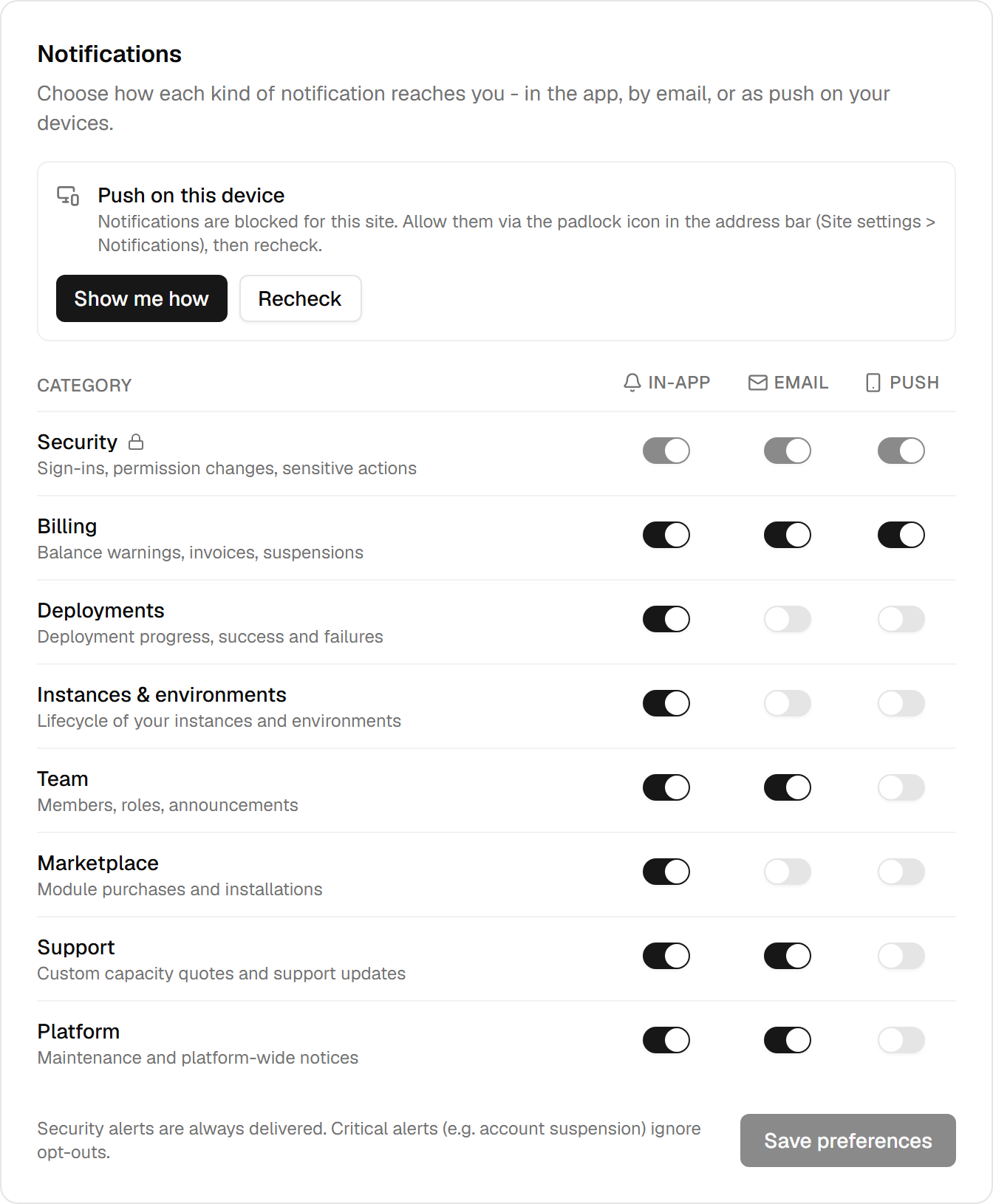 The notification preferences: eight category rows - Security, Billing, Deployments, Instances and environments, Team, Marketplace, Support, Platform - each with In-app, Email and Push toggles, the Security row locked with a padlock.