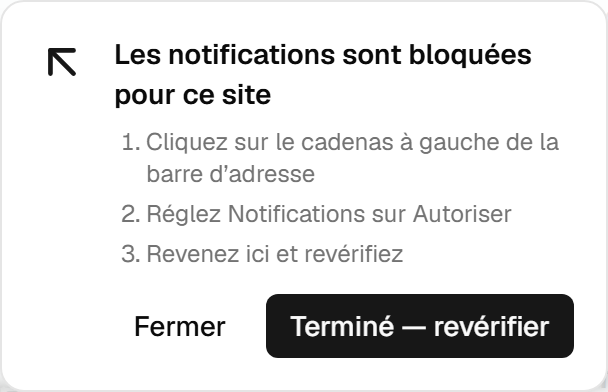 Le panneau d'aide pour un site bloqué : cliquez sur le cadenas à gauche de la barre d'adresse, réglez Notifications sur Autoriser, revenez ici et revérifiez.
