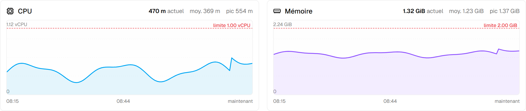 Graphiques CPU et mémoire sur la dernière heure, chacun avec valeur actuelle, moyenne et pic, et une ligne rouge pointillée marquant la limite configurée.