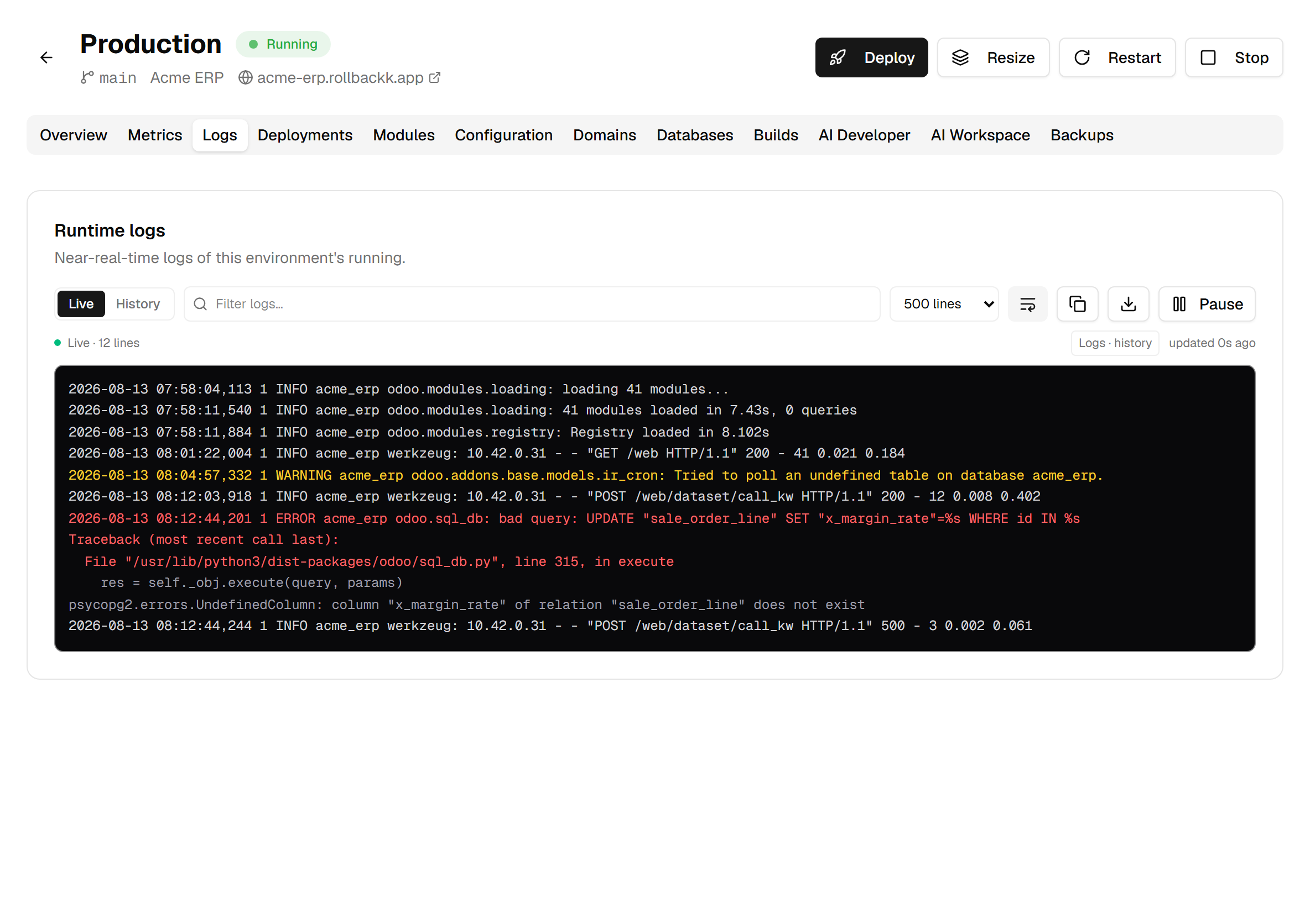 The log panel: an Odoo tail ending on a Python traceback, with the WARNING line in amber and the ERROR line and traceback in red, the live/history switch, the filter box and the source badge reading "Logs · history".