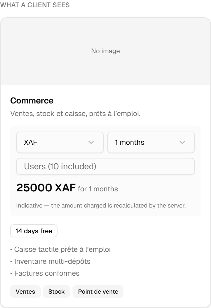 The preview panel: the offer card as a client sees it, with a currency and duration selector, the computed total and a note saying the amount is recalculated by the server.